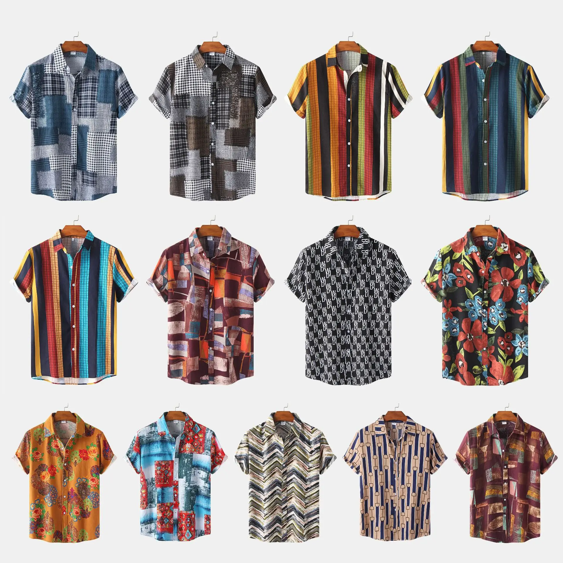 Men Cotton Linen Short Sleeve Hawaiian Shirt Blue Red Print