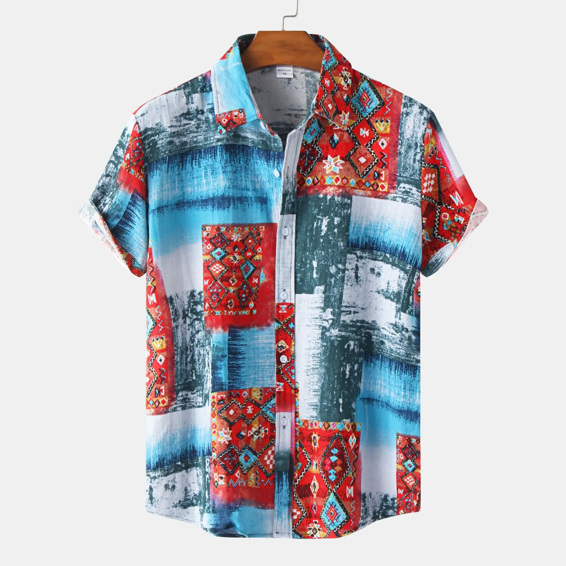 Men Cotton Linen Short Sleeve Hawaiian Shirt Blue Red Print