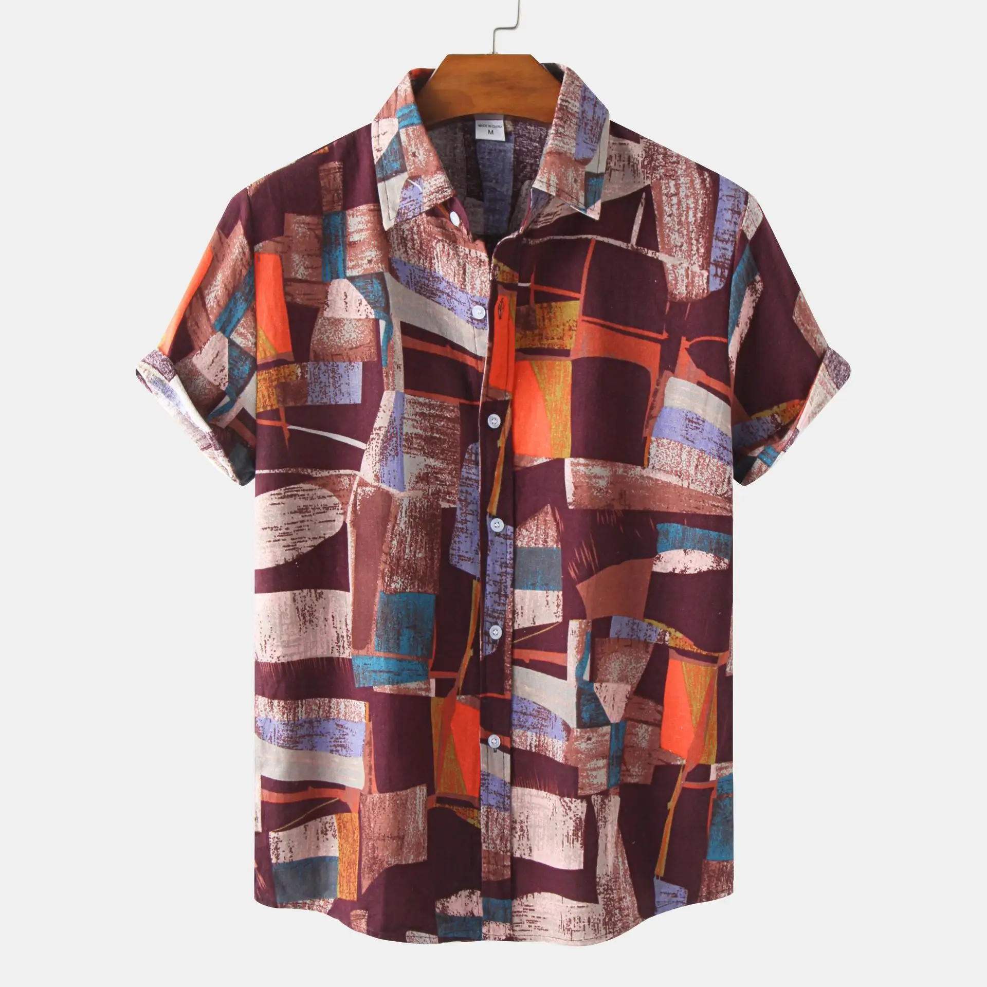 Men Cotton Linen Short Sleeve Hawaiian Shirt Blue Red Print