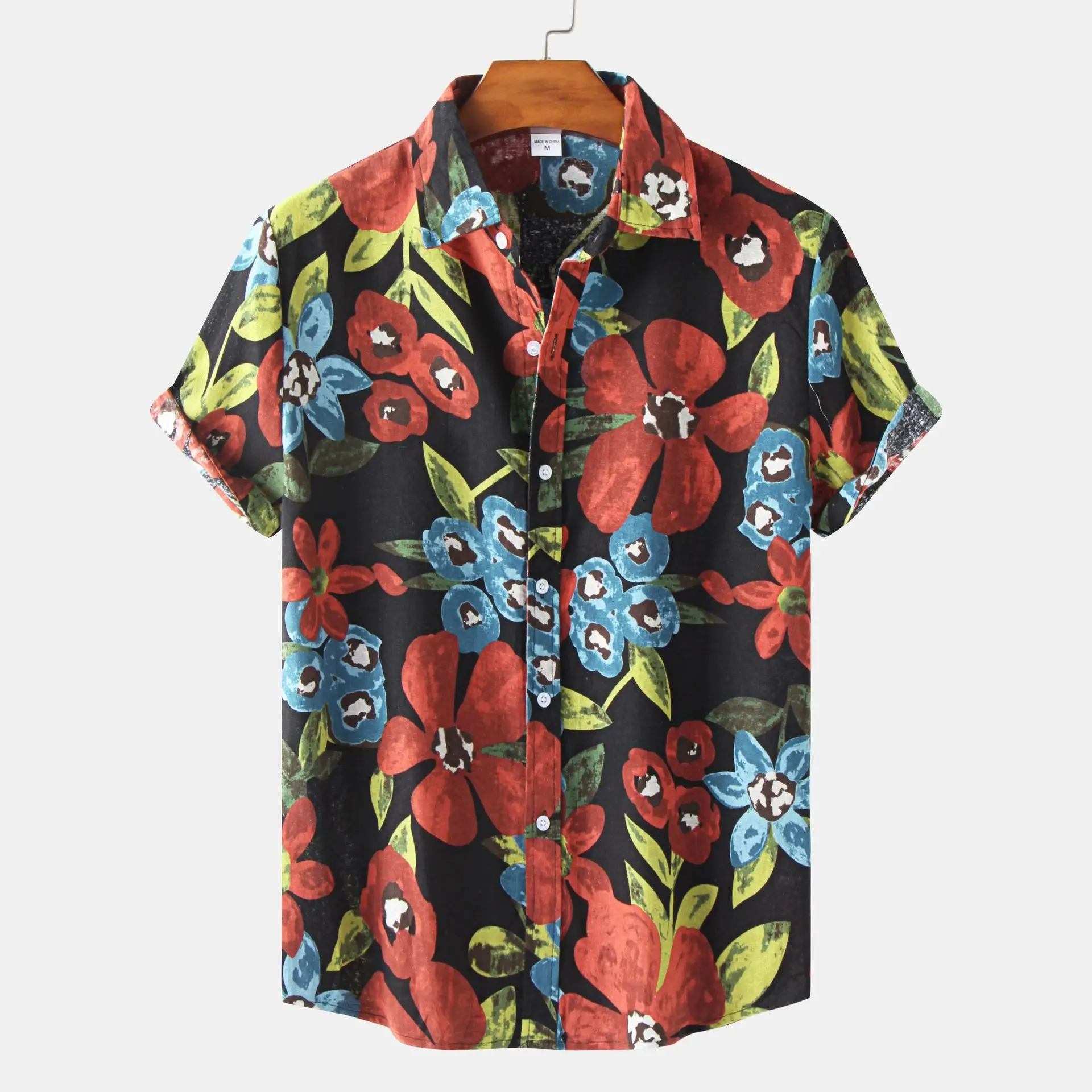Men Cotton Linen Short Sleeve Hawaiian Shirt Blue Red Print
