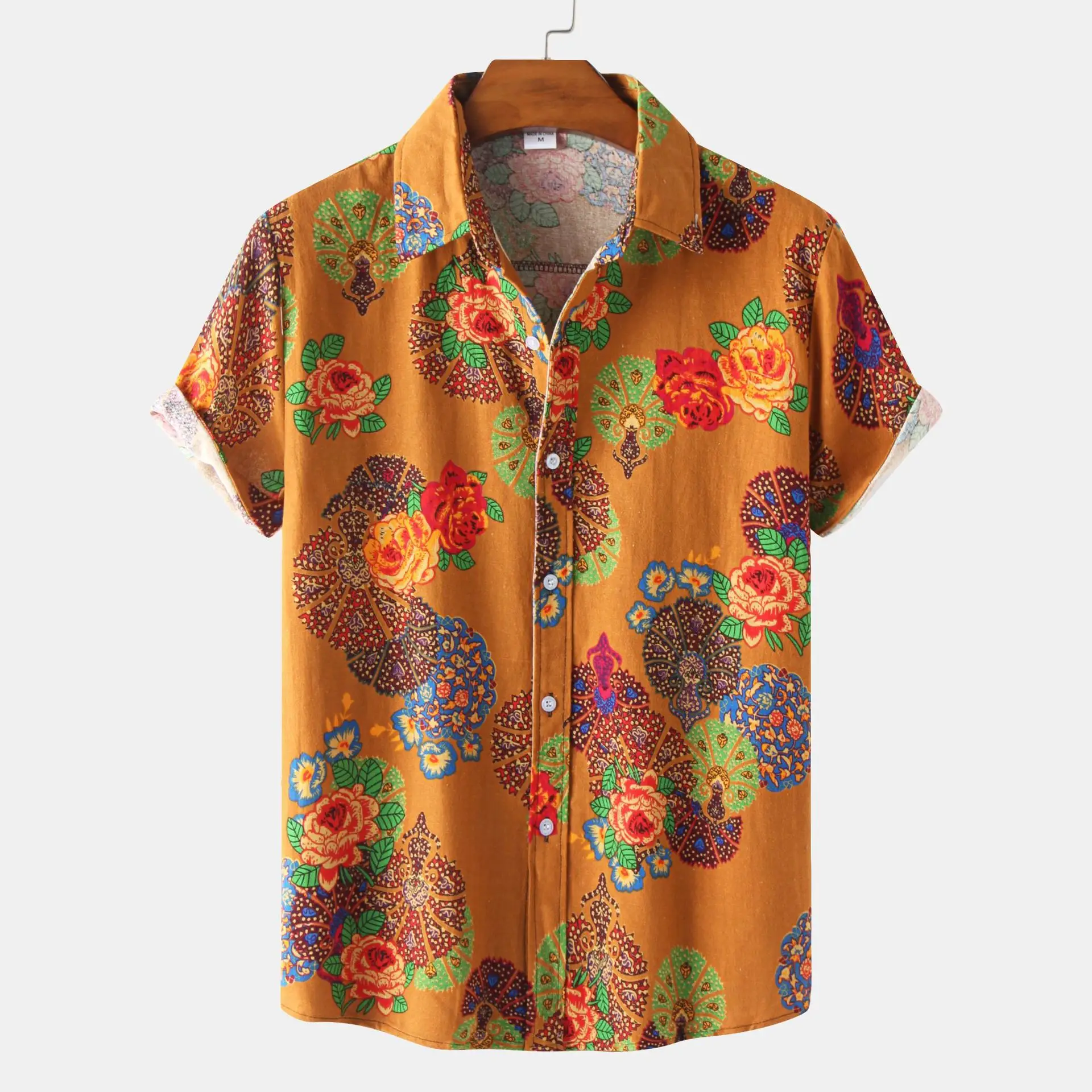 Men Cotton Linen Short Sleeve Hawaiian Shirt Blue Red Print
