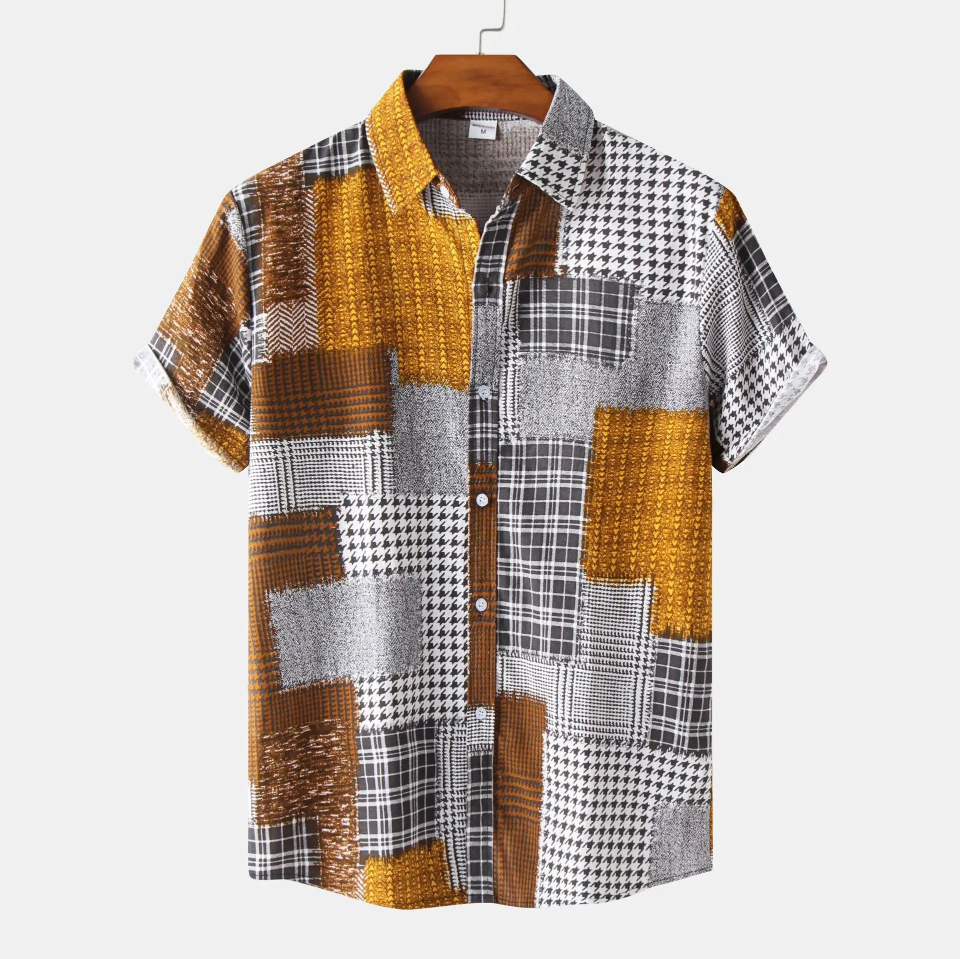 Men Cotton Linen Short Sleeve Hawaiian Shirt Blue Red Print