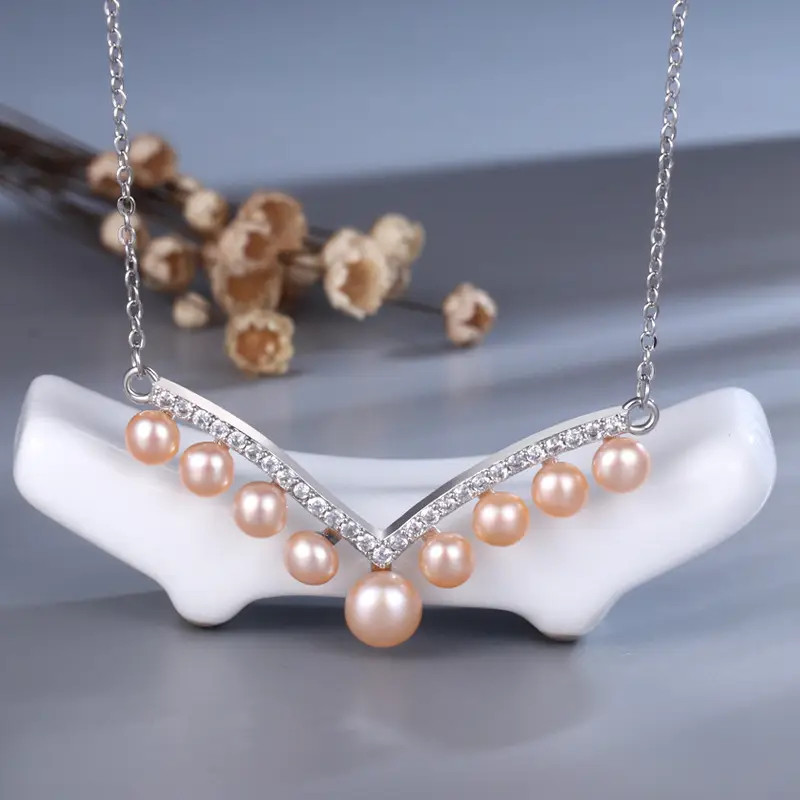 V-Shape Pearl Necklace for Women with Zircon - Image 2