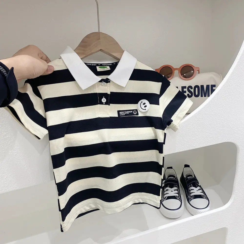Kids Korean Striped Polo Shirt Brown White - Image 5
