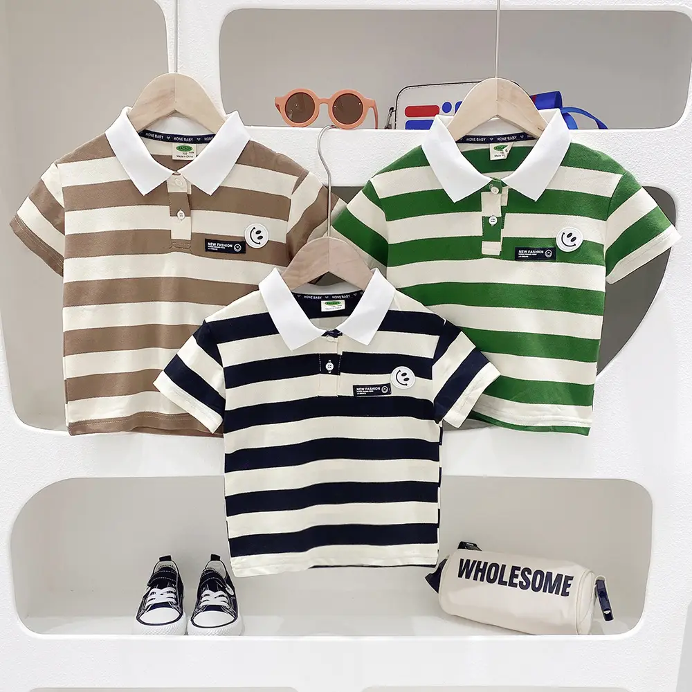 Kids Korean Striped Polo Shirt Brown White — feature 1