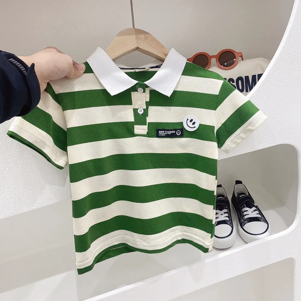 Kids Korean Striped Polo Shirt Brown White — feature 3