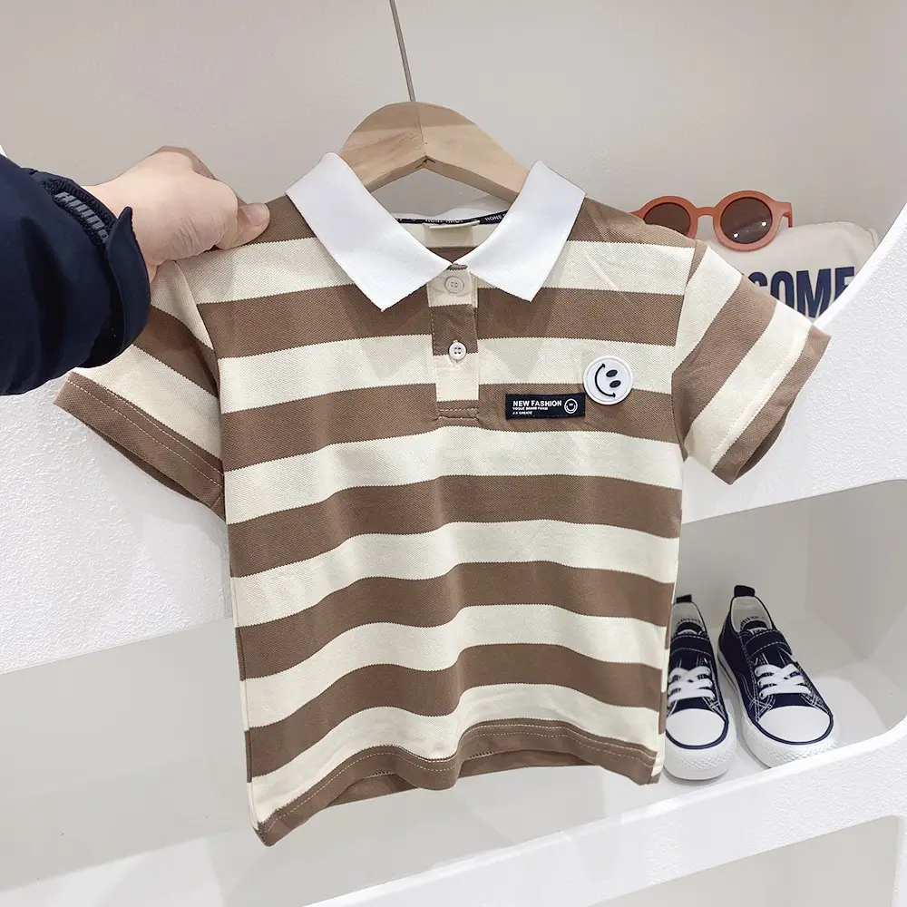 Kids Korean Striped Polo Shirt Brown White — feature 5