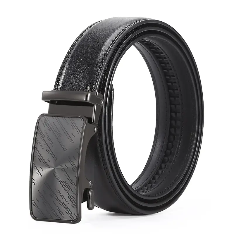 Men's Black Leather Casual Belt with Automatic Buckle