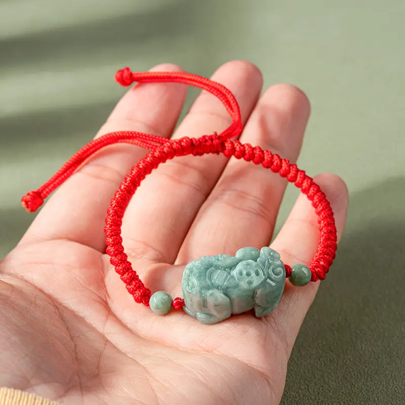 Jade Bracelet with Red Rope & Green Stone - Image 3