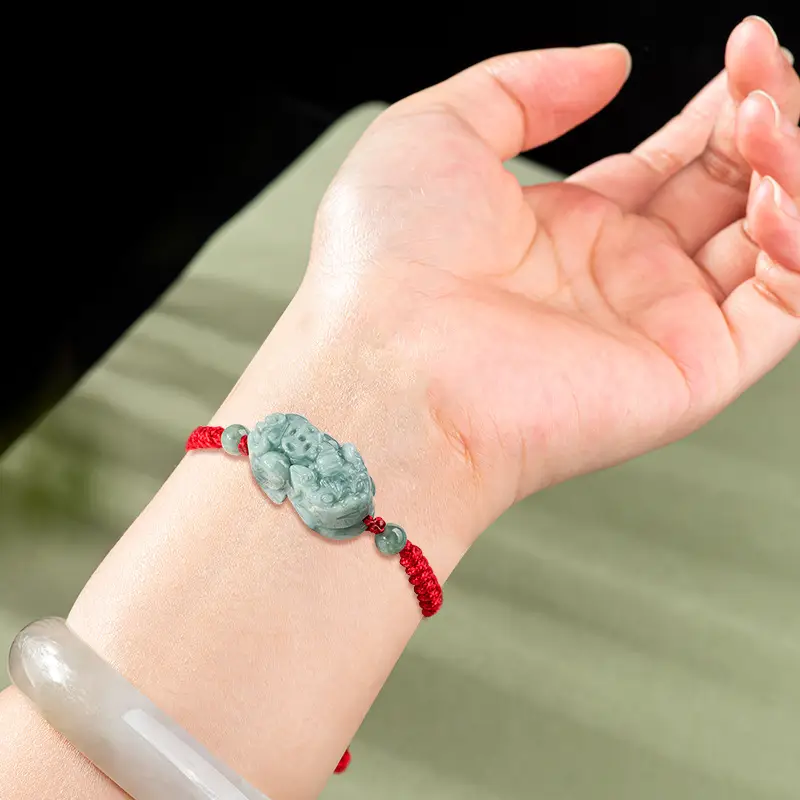 Jade Bracelet with Red Rope & Green Stone - Image 4