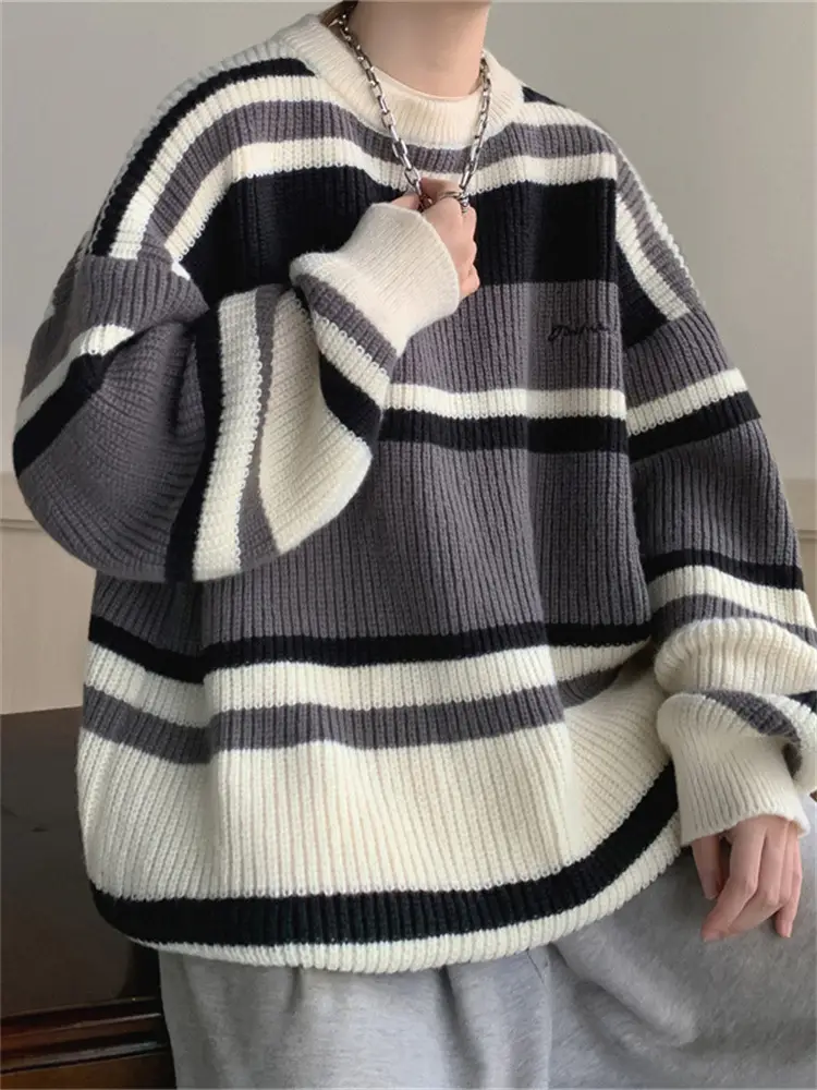 Men Oversize Knitted Sweater Striped Coat Winter - Image 5