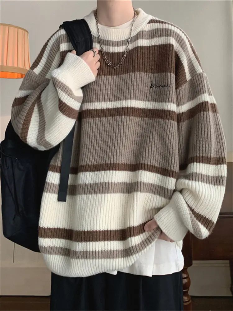 Men Oversize Knitted Sweater Striped Coat Winter - Image 6