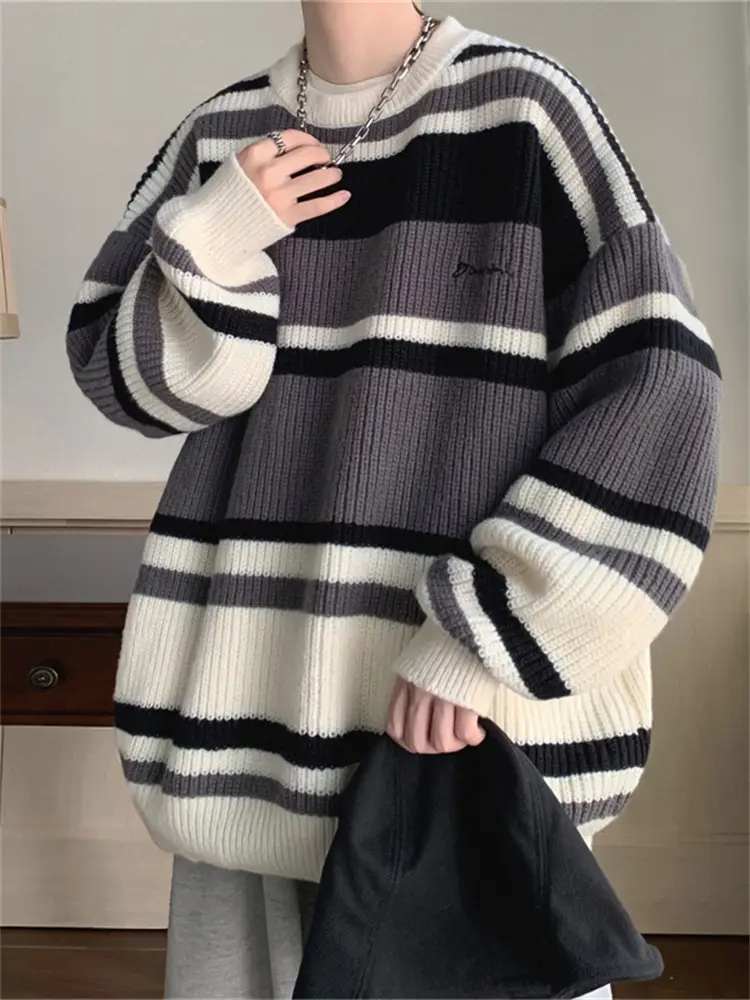 Men Oversize Knitted Sweater Striped Coat Winter - Image 7
