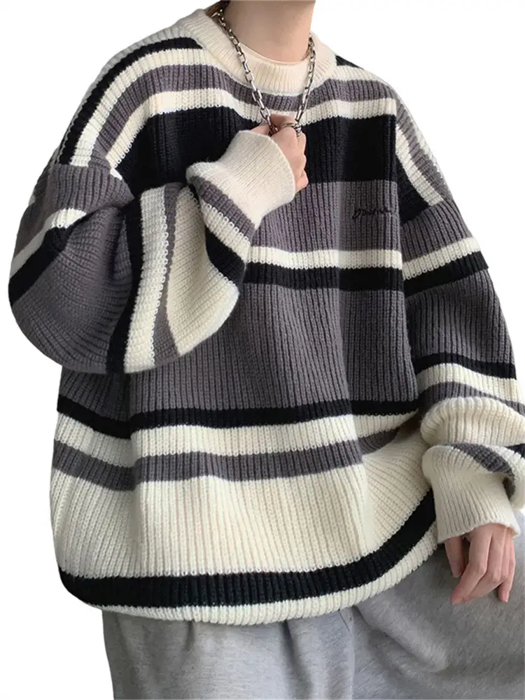 Men Oversize Knitted Sweater Striped Coat Winter - Image 8