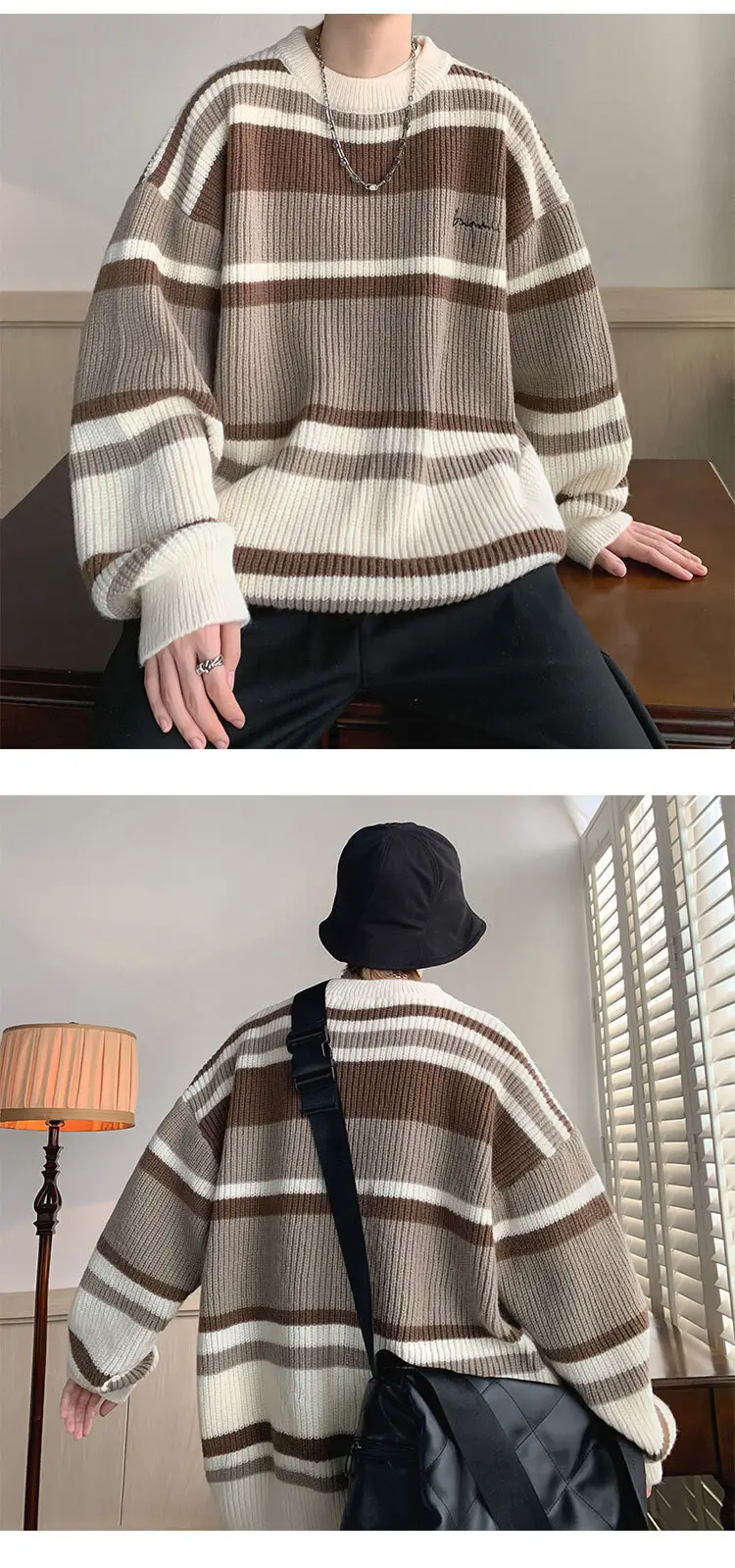 Men Oversize Knitted Sweater Striped Coat Winter — feature 10