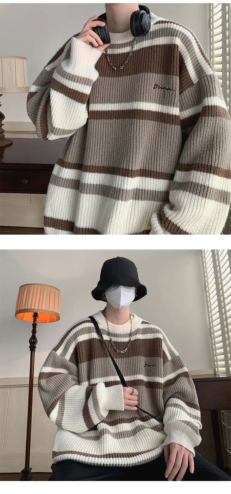 Men Oversize Knitted Sweater Striped Coat Winter — feature 11
