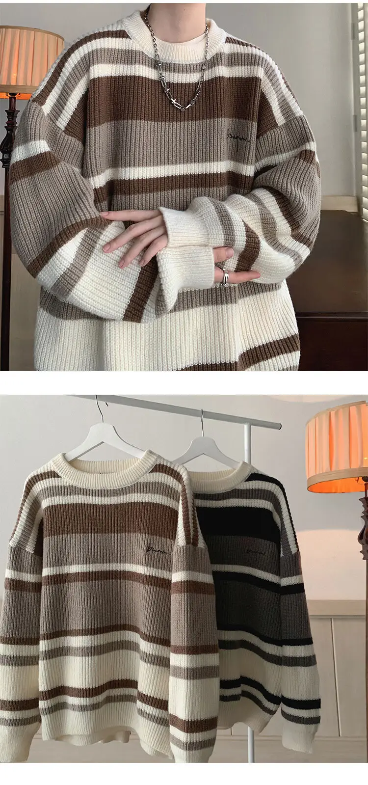 Men Oversize Knitted Sweater Striped Coat Winter — feature 12