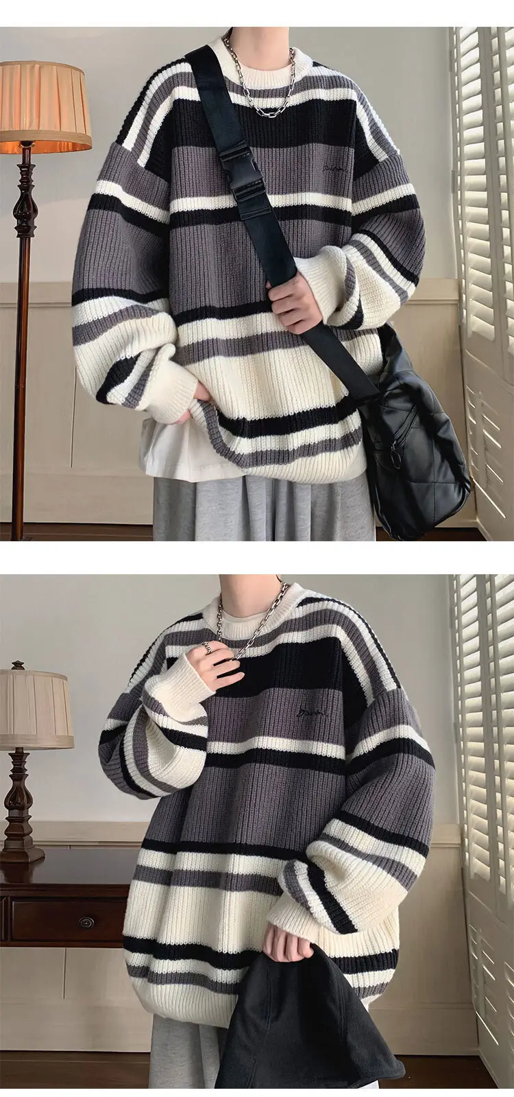 Men Oversize Knitted Sweater Striped Coat Winter — feature 4