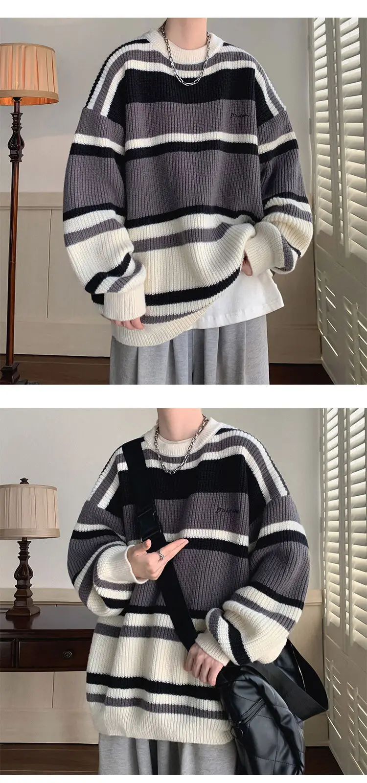Men Oversize Knitted Sweater Striped Coat Winter — feature 5