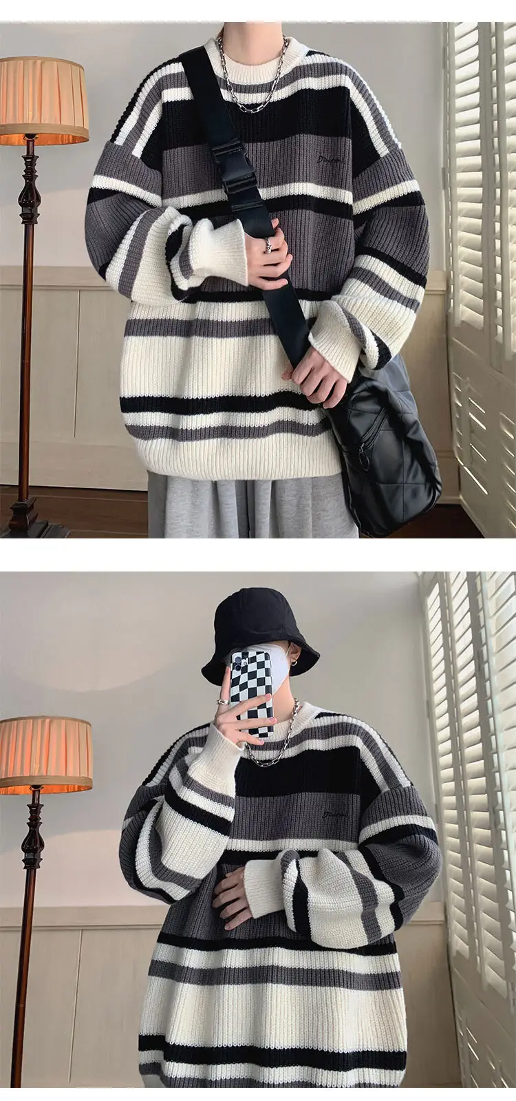 Men Oversize Knitted Sweater Striped Coat Winter — feature 6