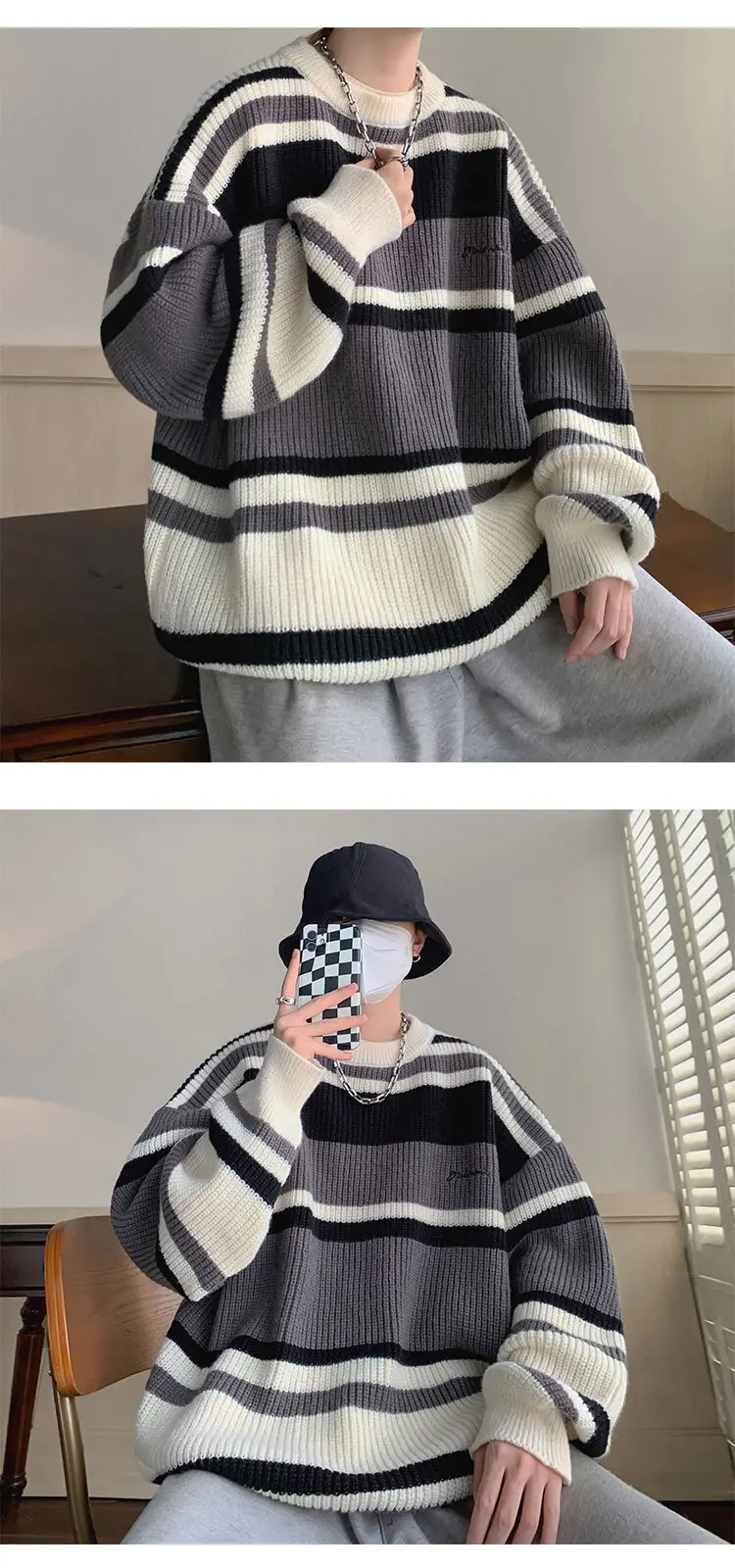 Men Oversize Knitted Sweater Striped Coat Winter — feature 7