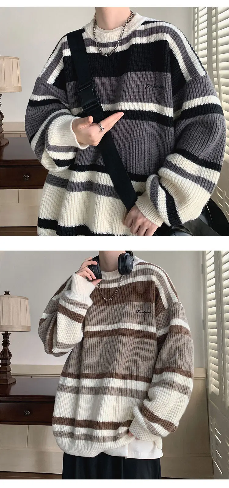 Men Oversize Knitted Sweater Striped Coat Winter — feature 8