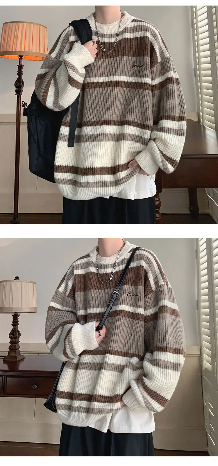 Men Oversize Knitted Sweater Striped Coat Winter — feature 9