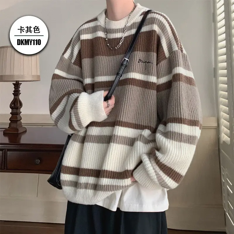 Men Oversize Knitted Sweater Striped Coat Winter - Image 2