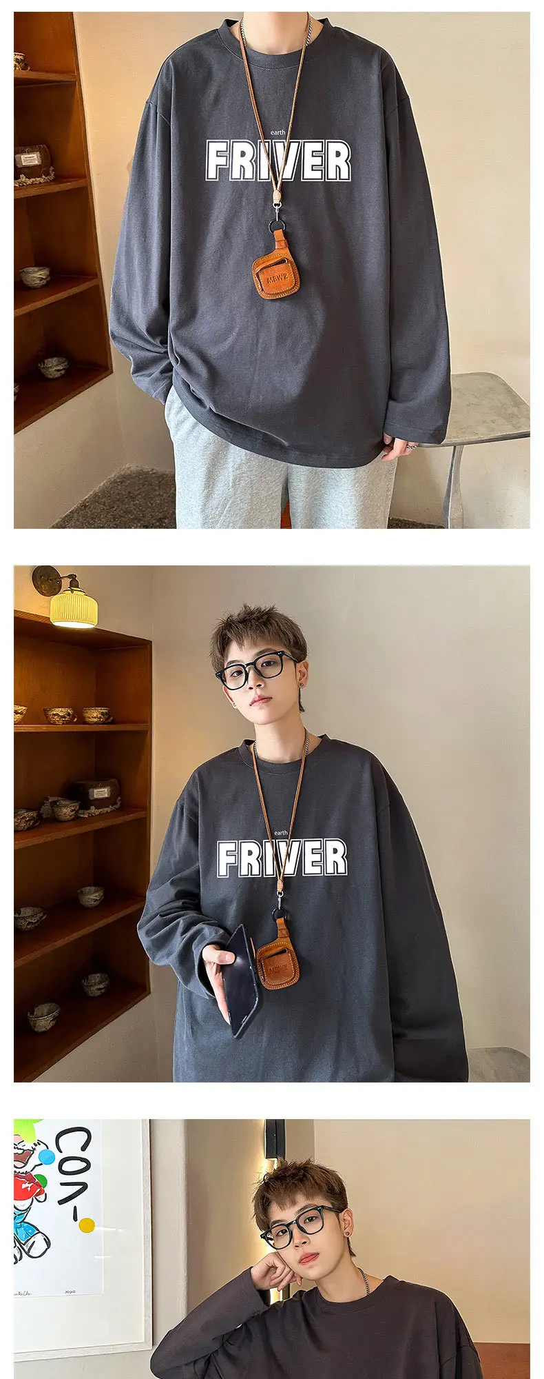 Men Cotton Long Sleeve T-Shirt FRIVER Print Loose Plus Size — feature 7