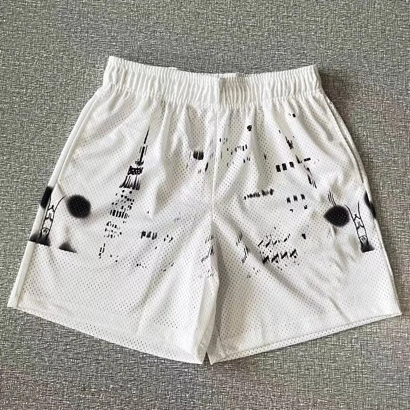 Men Black Mesh City Print Shorts White - Image 4