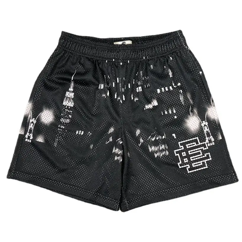 Men Black Mesh City Print Shorts White - Image 7