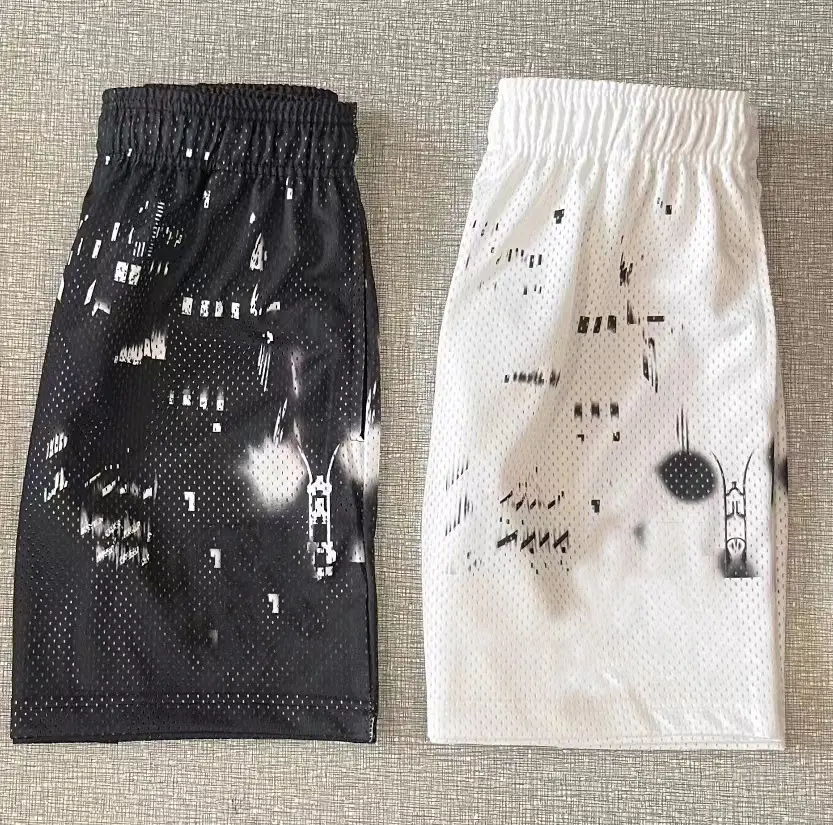 Men Black Mesh City Print Shorts White — feature 2