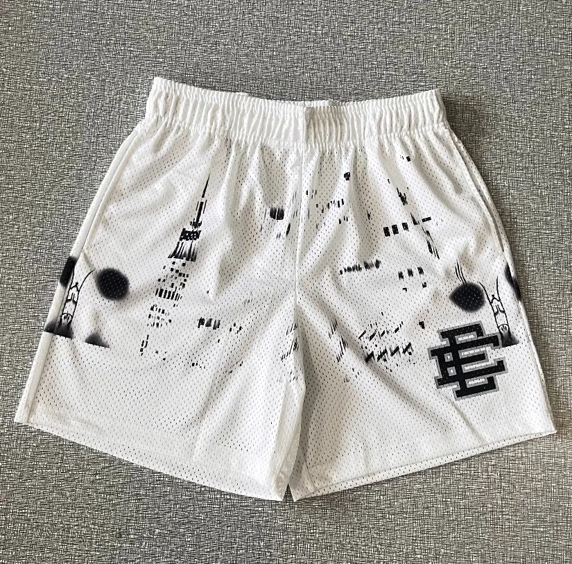 Men Black Mesh City Print Shorts White - Image 2