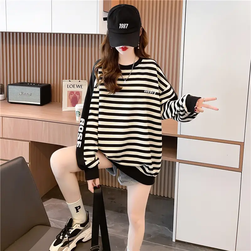 Women's Large Size Contrast Striped Round Neck Sweater - Image 3
