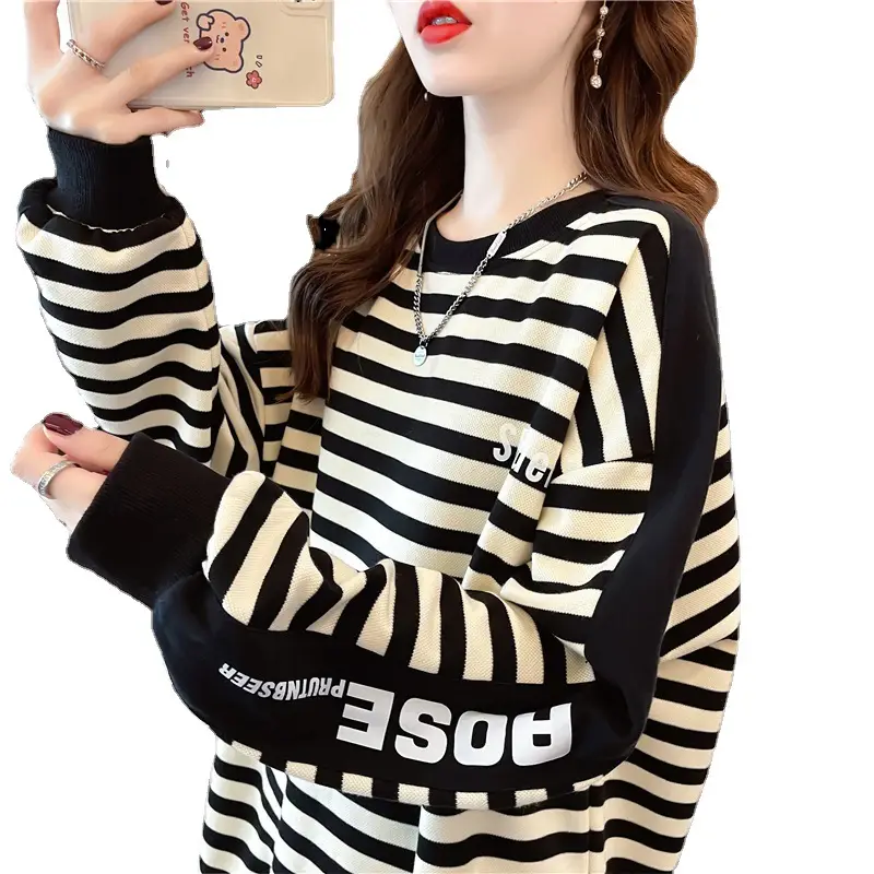 Women's Large Size Contrast Striped Round Neck Sweater - Image 5