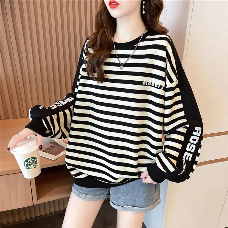 Women's Large Size Contrast Striped Round Neck Sweater — feature 13