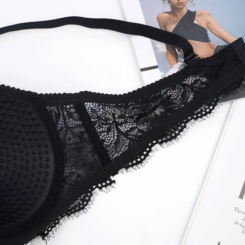 Black Lace Bra with Steel Ring Design — feature 14