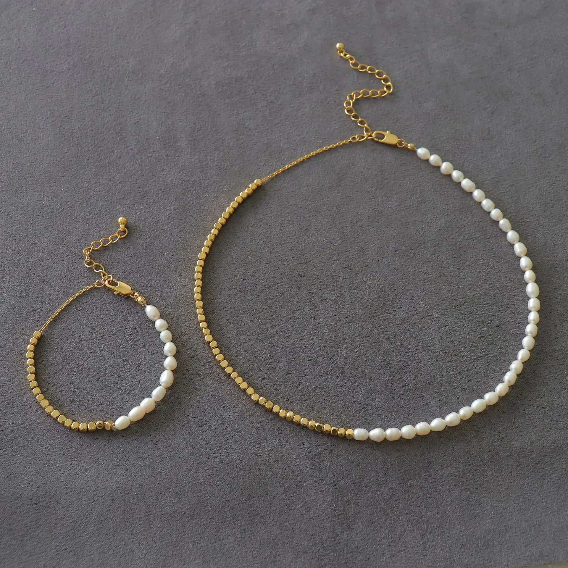 Gold Pearl Necklace & Earrings Set for Women