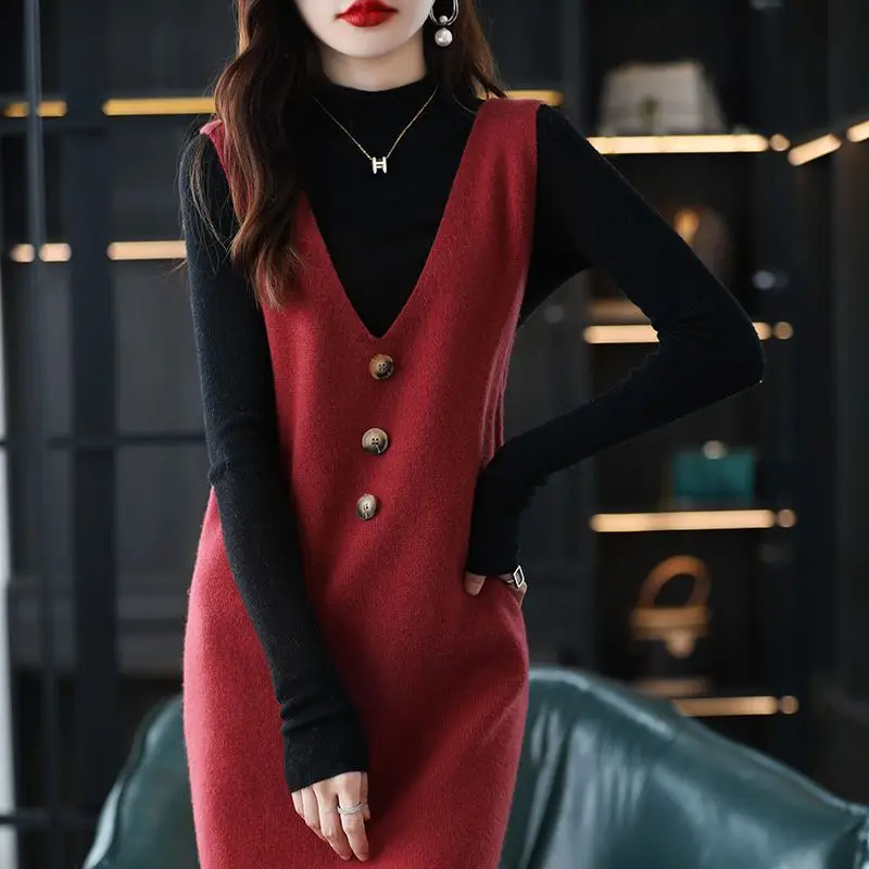 Women Wool Vest Dress V-Neck Sleeveless Long Skirt - Image 7