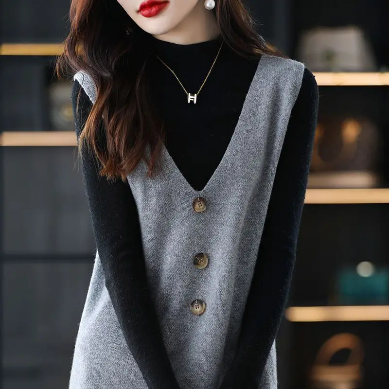 Women Wool Vest Dress V-Neck Sleeveless Long Skirt - Image 8