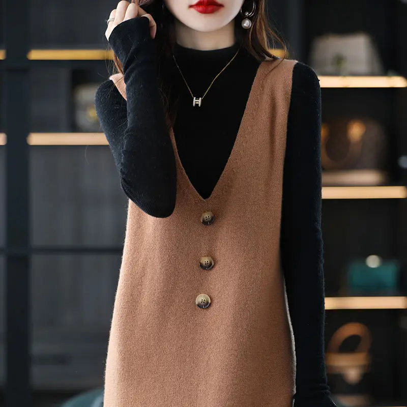 Women Wool Vest Dress V-Neck Sleeveless Long Skirt - Image 9