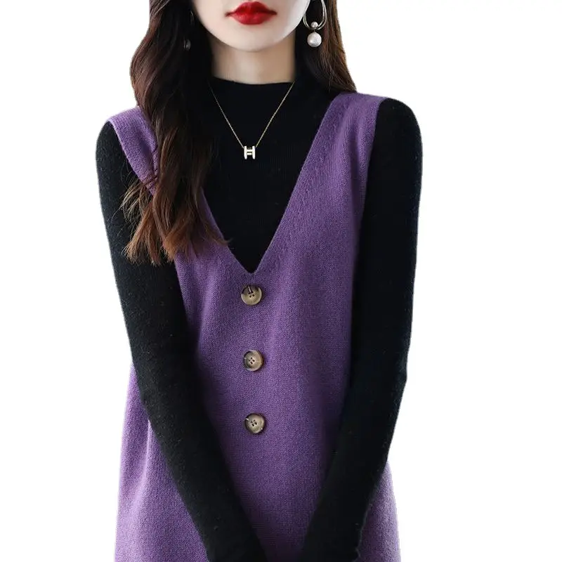 Women Wool Vest Dress V-Neck Sleeveless Long Skirt - Image 10