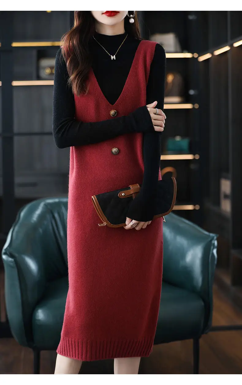 Women Wool Vest Dress V-Neck Sleeveless Long Skirt — feature 10