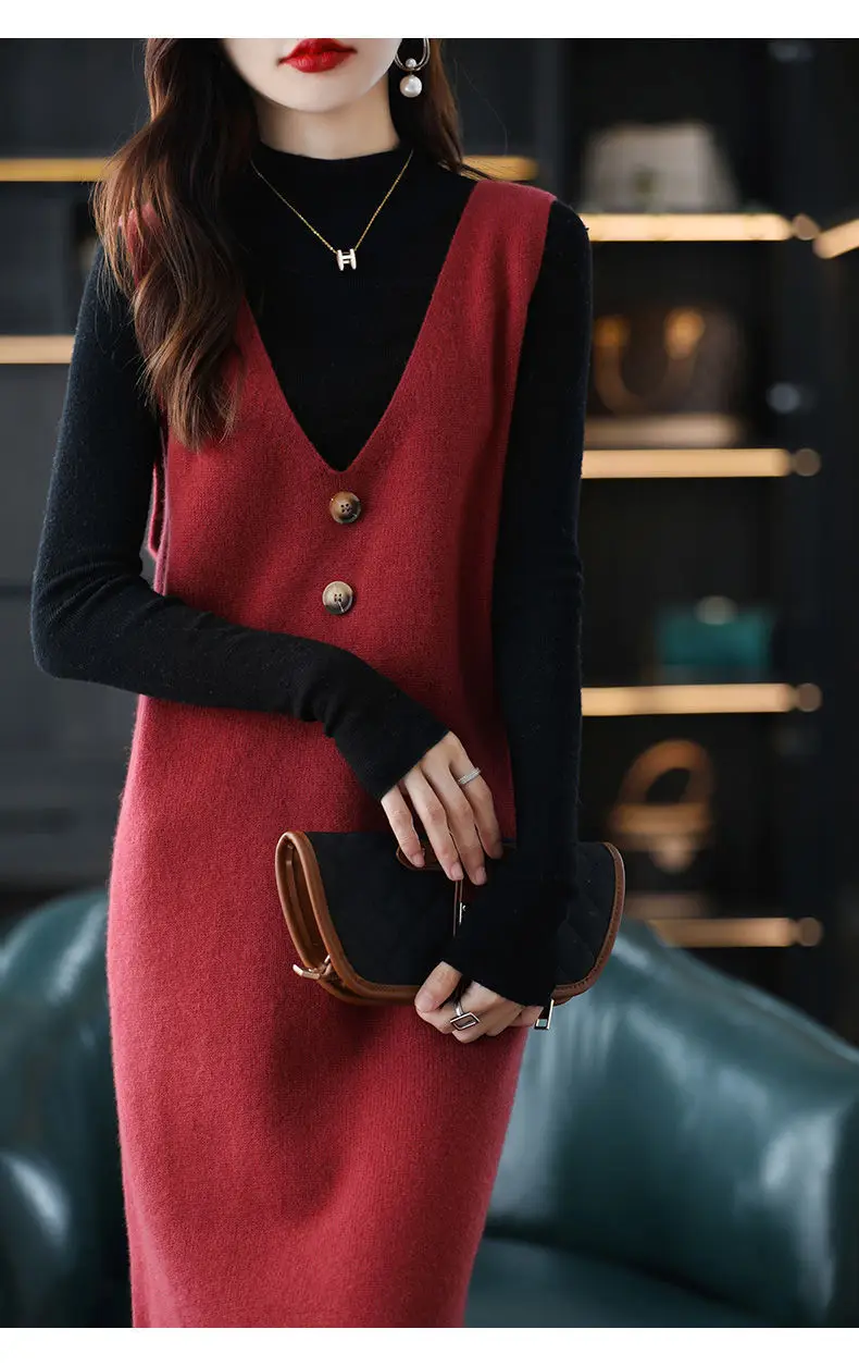 Women Wool Vest Dress V-Neck Sleeveless Long Skirt — feature 11