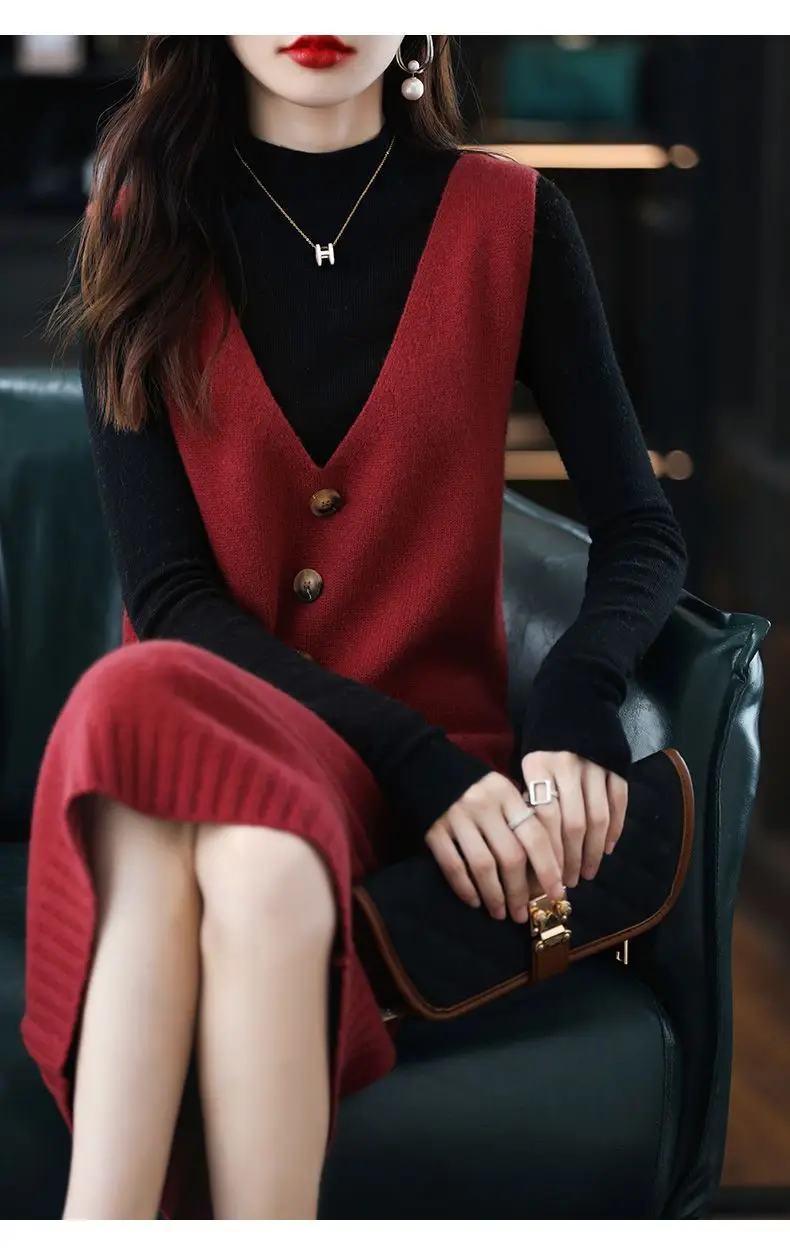 Women Wool Vest Dress V-Neck Sleeveless Long Skirt — feature 12