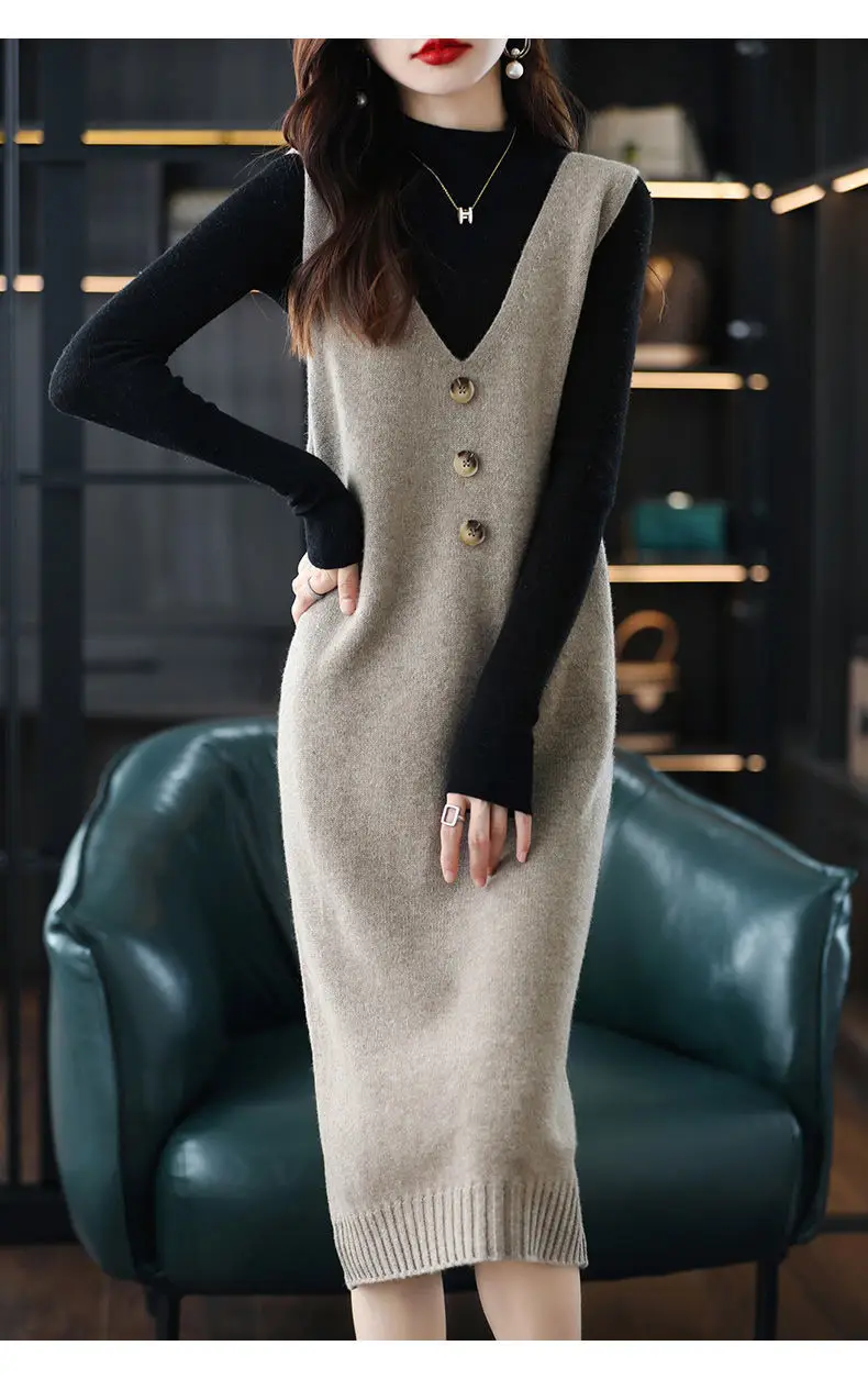 Women Wool Vest Dress V-Neck Sleeveless Long Skirt — feature 13