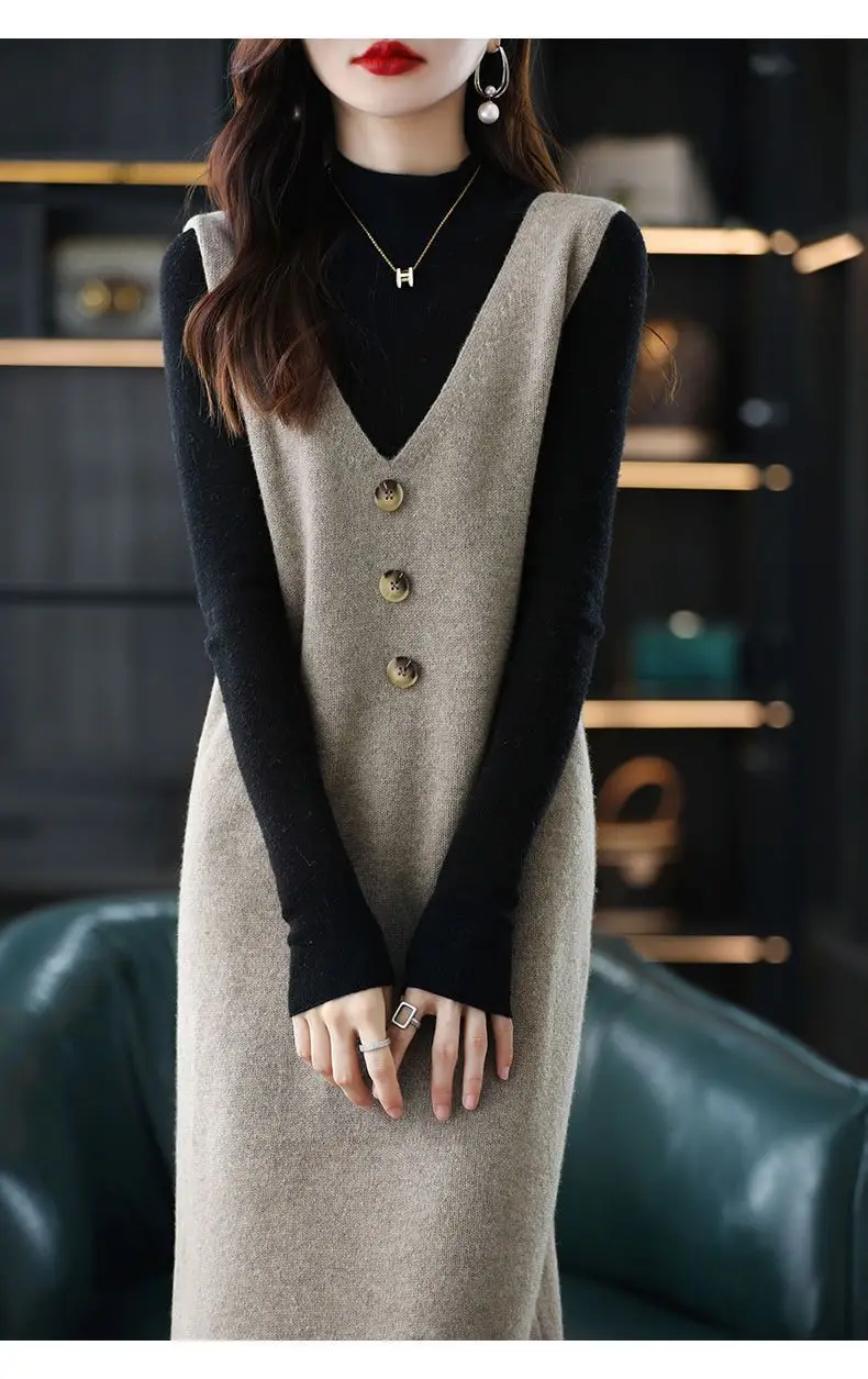 Women Wool Vest Dress V-Neck Sleeveless Long Skirt — feature 14