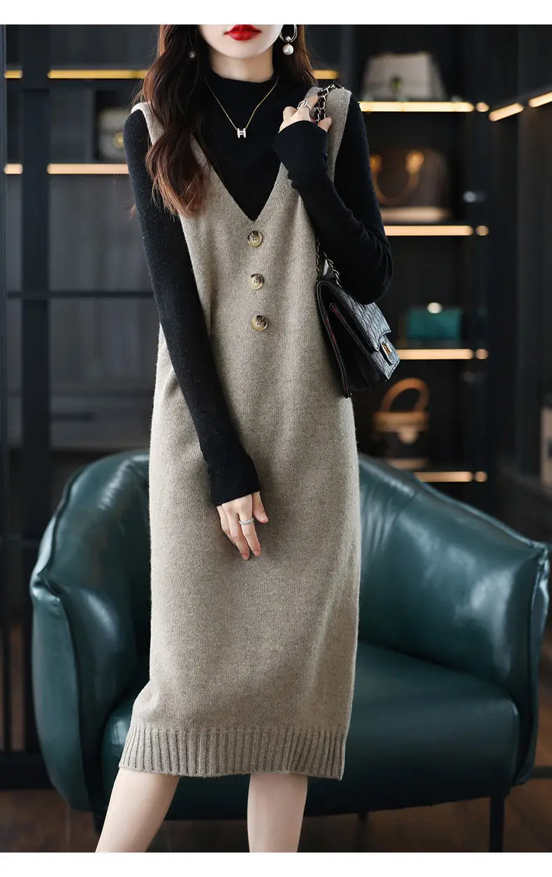 Women Wool Vest Dress V-Neck Sleeveless Long Skirt — feature 15