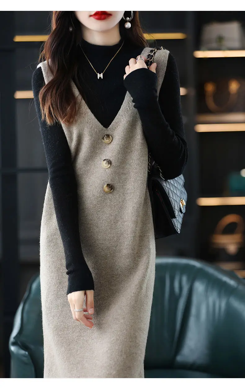 Women Wool Vest Dress V-Neck Sleeveless Long Skirt — feature 16