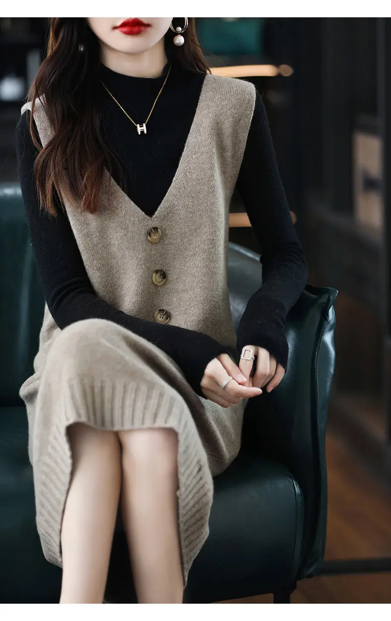 Women Wool Vest Dress V-Neck Sleeveless Long Skirt — feature 17
